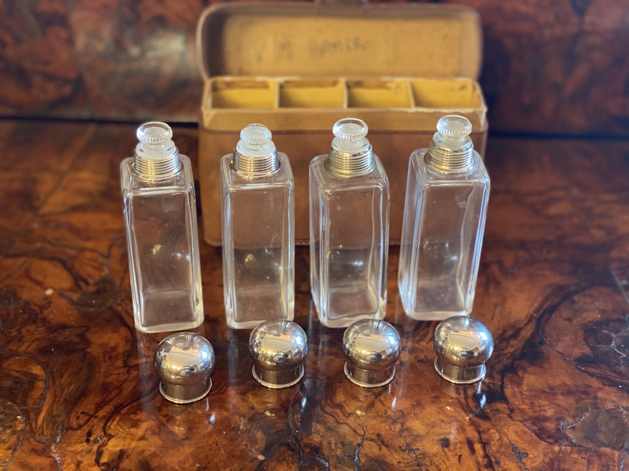 Travelling or campaign four bottle flasks in leather container - Image 5 of 7