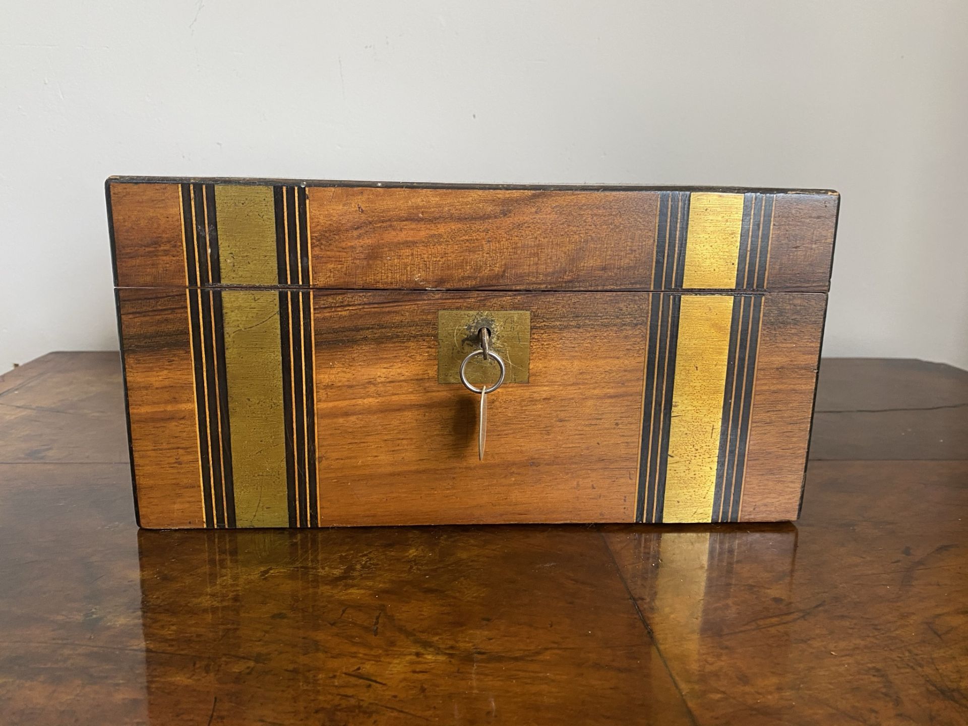 Early C20th walnut and brass banded writing slope - Image 2 of 8