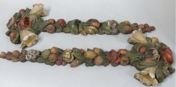 Pair of French plaster wall hangings depicting fruit and flowers