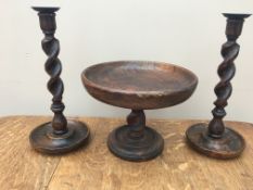 2 treen candle sticks and matching bowl