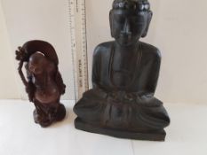 Large Black Wooden Buddha with Smiling Buddha