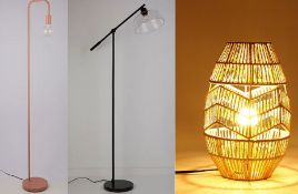(R8C) Lighting. 3 Items. 1 X Rattan Table lamp, 1 X Pink Bulb Floor Lamp & 1 X Glass Domer Floor La