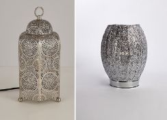(R10C) Lighting. 3 Items. 2 X Silver Moroccan Table Lamp & 1 X Silver Moroccan Pot Lamp (New – May