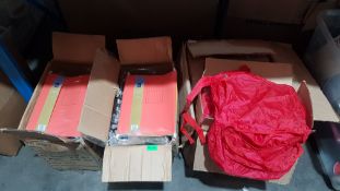 (R9I) Contents Of 3 Boxes. A Quantity Of Red Foldable Rucksacks. & Approx. 37 X WHSmith 10 Pack A4