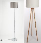 (R10C) Lighting. 2 Items. 1 X Tripod Wooden Floor Lamp & 1 X Pleated Floor Lamp Chrome (New – May