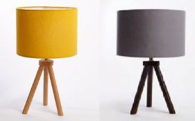 (R10B) Lighting. 2 Items. 1 X Wooden Tripod Table Lamp Mustard & 1 X Wooden Tripod Table Lamp Grey