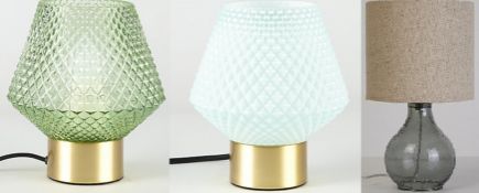 (R10B) Lighting. 3 X Mixed Lamps. 2 X Ornate Glass Small Table Lamp. & 1 X Dimple Glass Table Lam