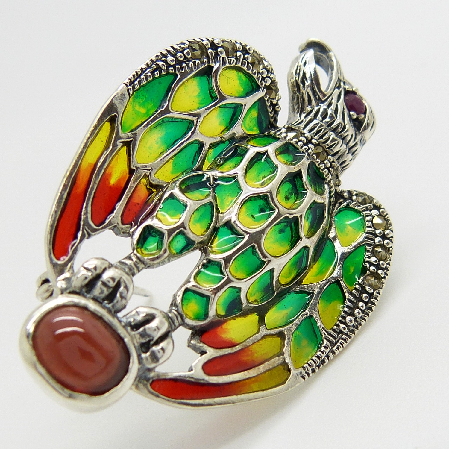 A silver plique-à-jour eagle brooch / pendant set with cabochon garnet, ruby and marcasites - Image 4 of 6