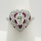 Victorian-style 18ct white gold heart-shaped ring set with a central pear-cut diamond and rubies