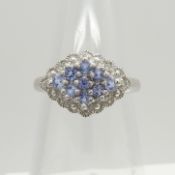 A 9ct white gold vintage-style tanzanite and diamond cluster dress ring