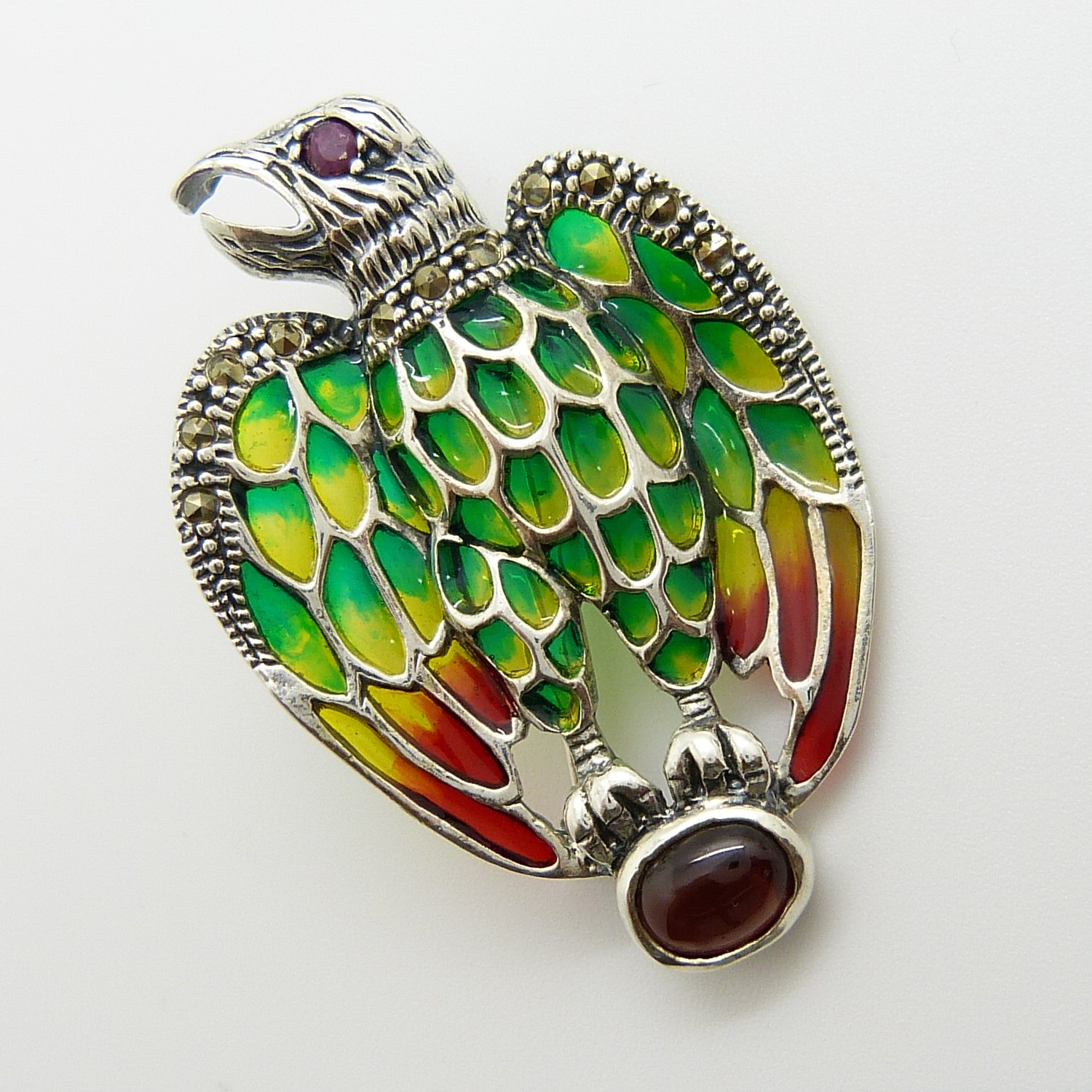 A silver plique-à-jour eagle brooch / pendant set with cabochon garnet, ruby and marcasites - Image 2 of 6