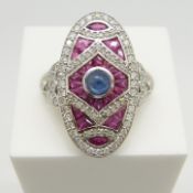 Large 18ct white gold & platinum Art Deco-style ring set with rubies, diamonds & cabochon sapphires