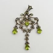 Edwardian-style 9ct yellow gold & silver chandelier pendant set with peridots, diamonds, seed pearls