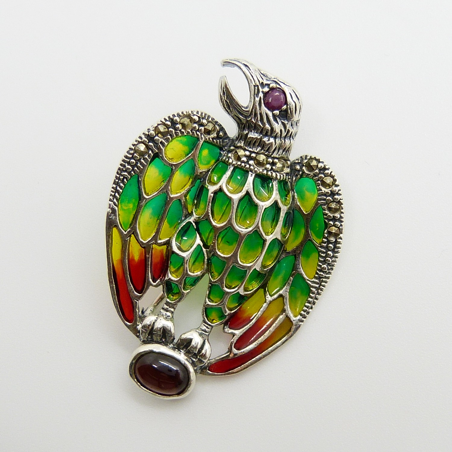 A silver plique-à-jour eagle brooch / pendant set with cabochon garnet, ruby and marcasites - Image 5 of 6