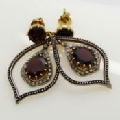 14ct yellow gold and silver vintage-style garnet and diamond flame-shaped drop earrings, boxed
