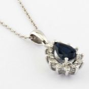 14K White Gold Cluster Pendant , natural sapphire and diamond