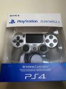 Sony playstation duel shock 4 wireless controller in box, silver