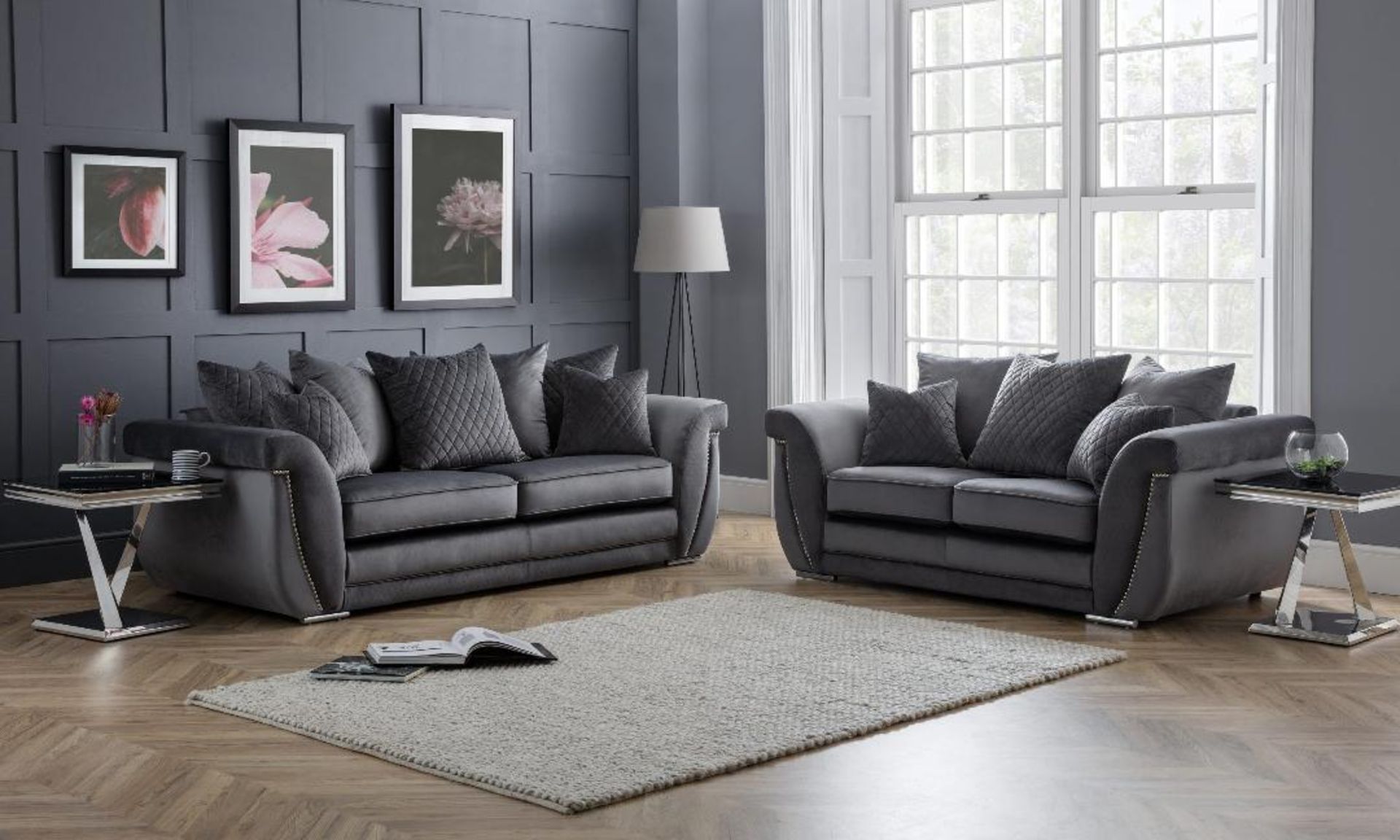 Brand new luxe 3 seater plus 2 seater fabric sofas in velvet titanium - Image 2 of 2