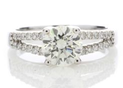 18k White Gold Solitaire Diamond Ring With Two Rows Shoulder Set 1.75 Carats