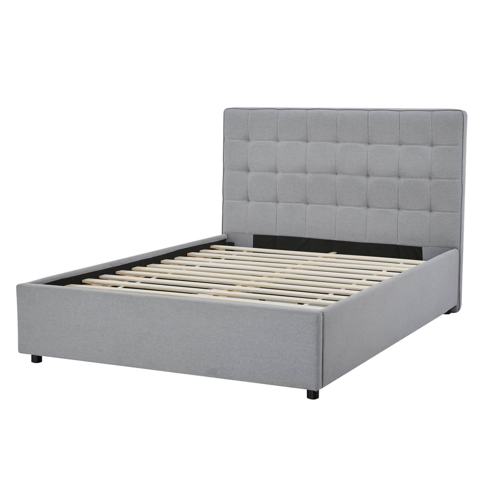 (R11) 1 X Double Grey Upholstered Bed With Sprung Slats. Contains Headboard & Slats. (H88 x W147 x