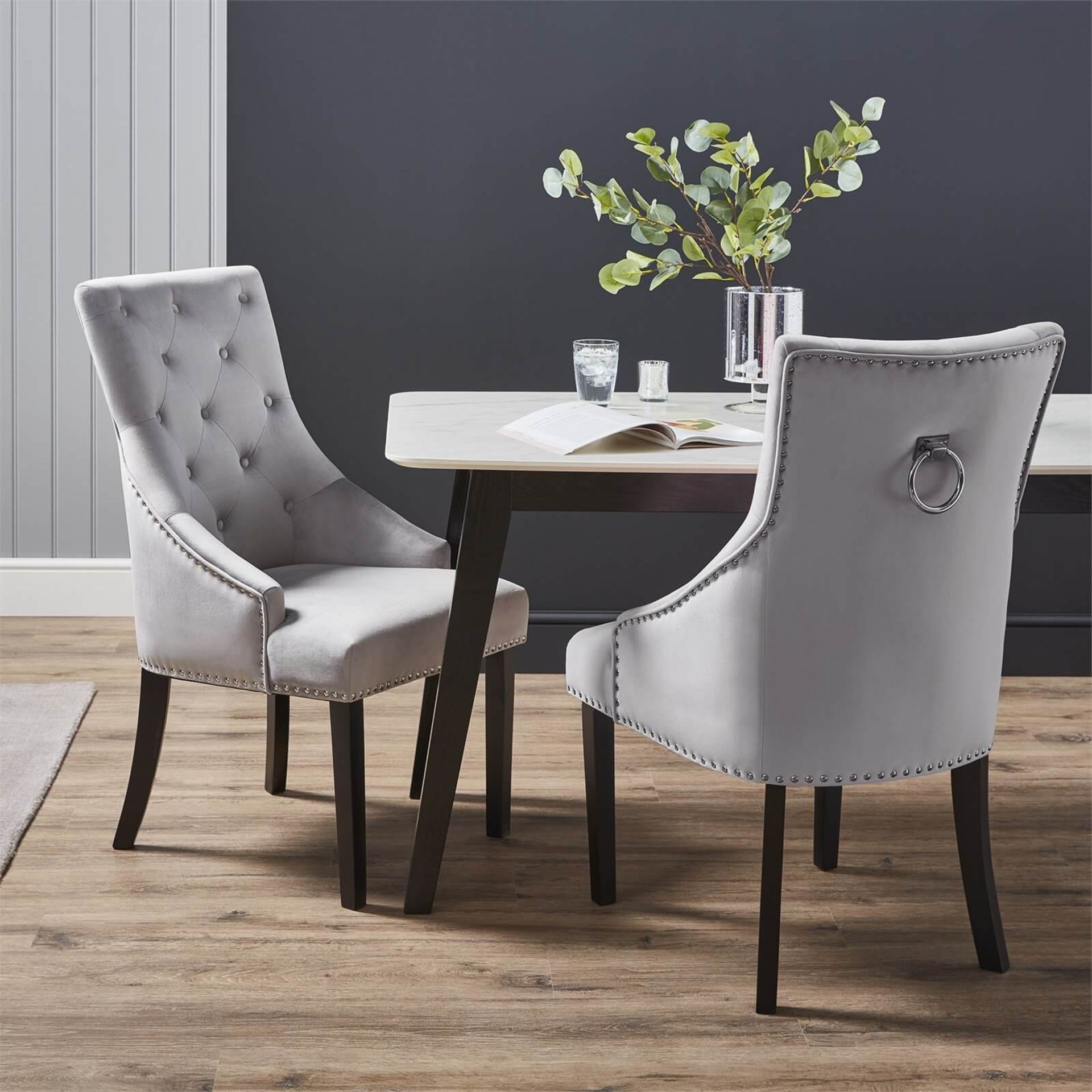 (R3K) 2 X Annabelle Velvet Chairs Grey Black Painted Rubberwood Legs (H102xW56xD72cm) - Image 2 of 6