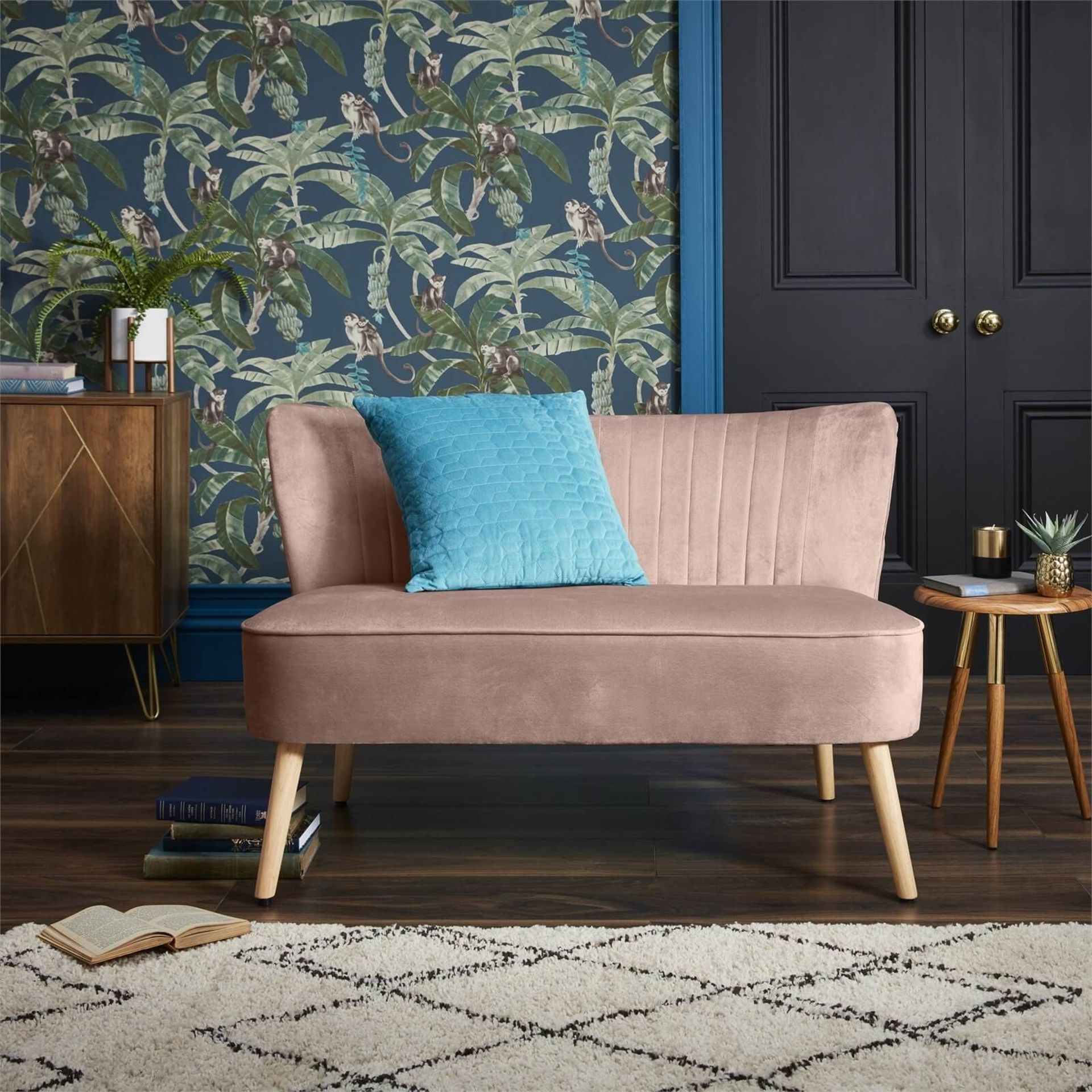 (R7J) 1 X Cocktail Sofa Dark Blush. Velvet Fabric Cover With Rubberwood Legs. (H72xW110xD70cm) RRP