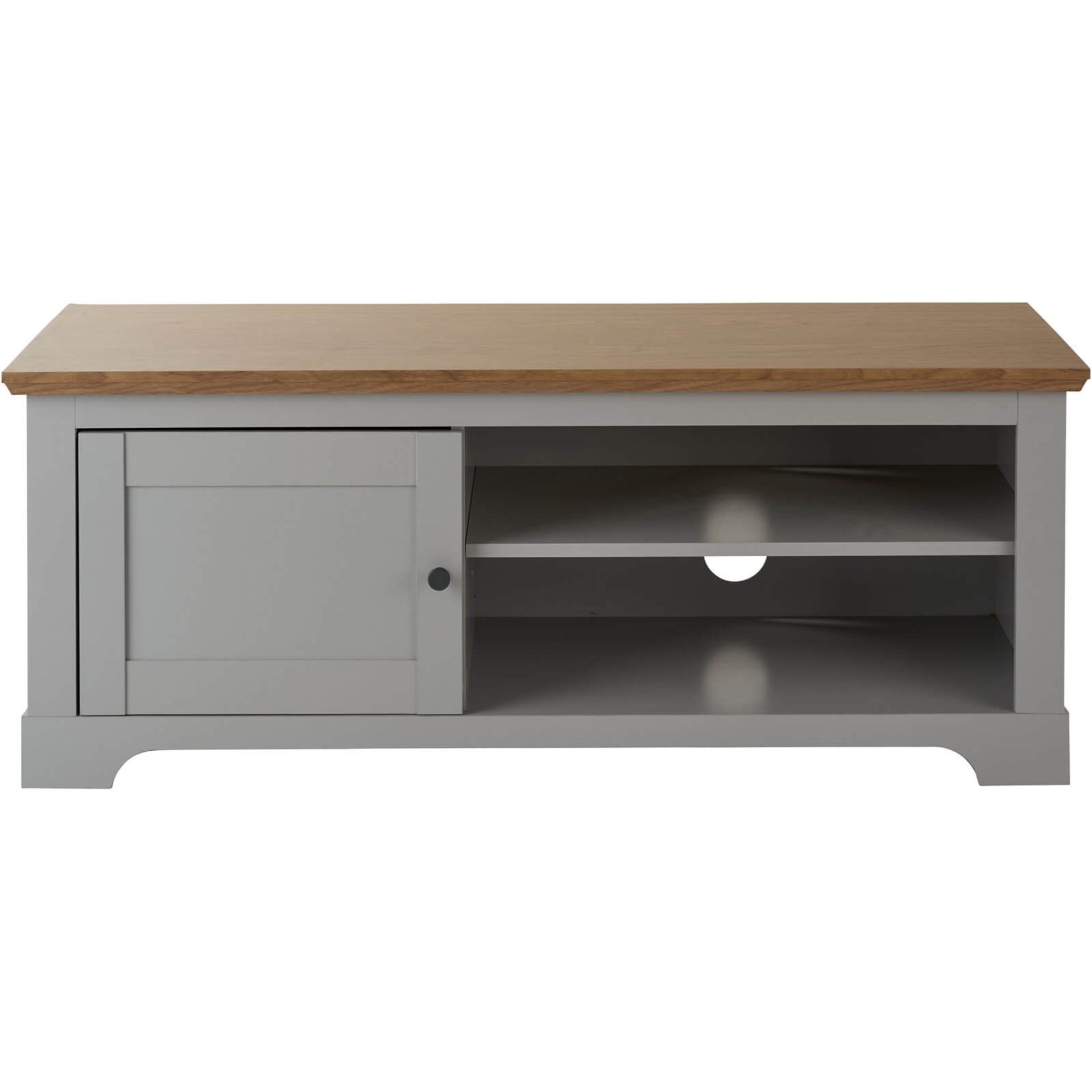 (R7E) 1 X Diva TV Unit (H47xW120XD44cm). Grey Finish With Oak Effect Top. Open Shelves And Compartm - Image 2 of 3