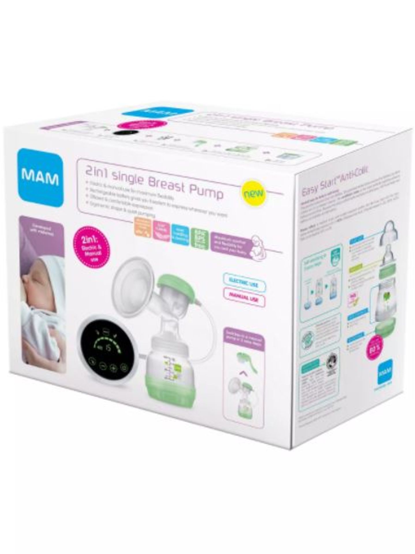 (R6E) Baby. 2 Items. 1 X MAM 2 In 1 Single Breast Pump & 1 X MAM Easy Start Bottle & Microwave Ster