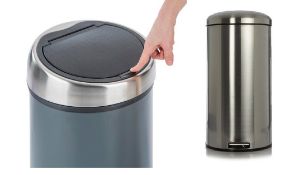 (R9A) Household. 3 Items. 2 X 30L Brushed Chrome Pedal Bin & 1 X 30L Push Top Bin Grey