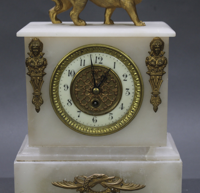French 19th c. Alabaster Lion Mantle Clock - Image 3 of 8