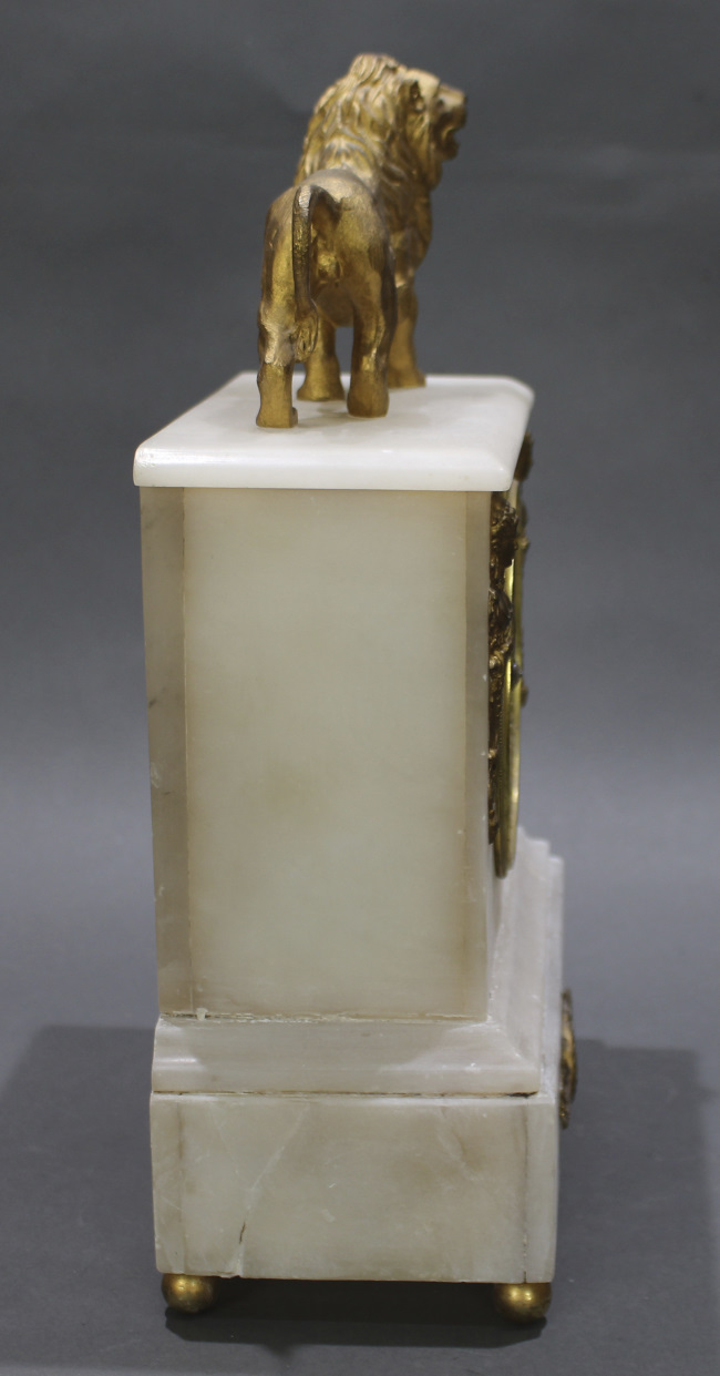 French 19th c. Alabaster Lion Mantle Clock - Image 5 of 8