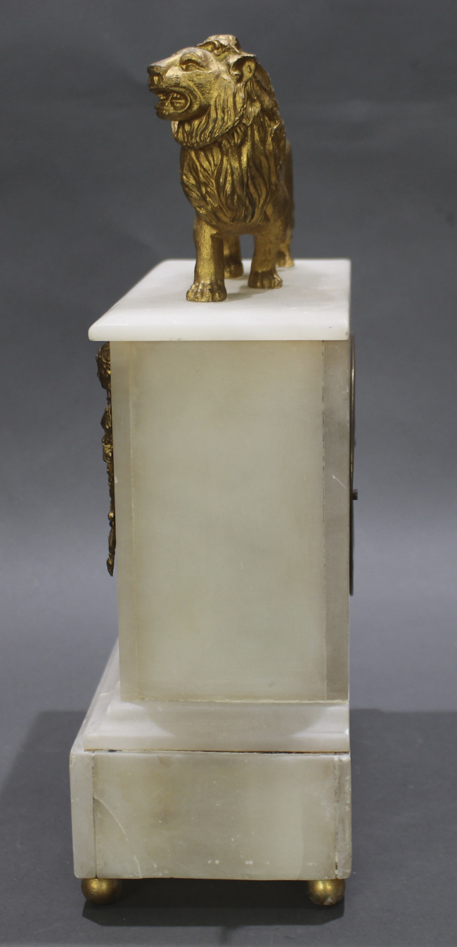 French 19th c. Alabaster Lion Mantle Clock - Image 7 of 8