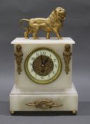 French 19th c. Alabaster Lion Mantle Clock