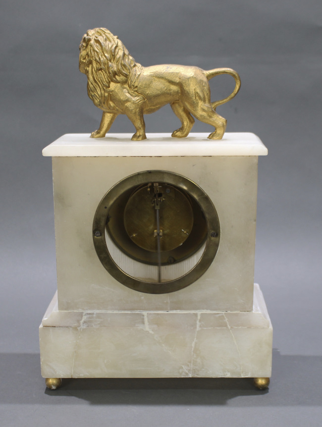 French 19th c. Alabaster Lion Mantle Clock - Image 6 of 8