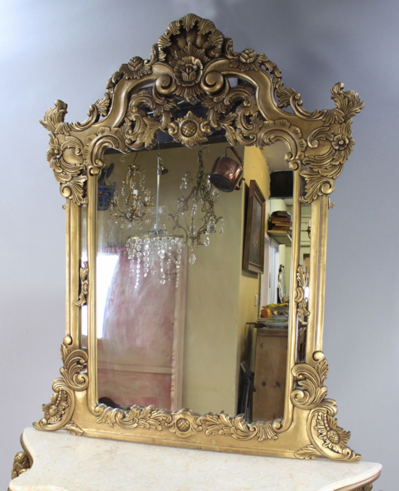 Large Carved Giltwood Marble Topped Console Table with Mirror - Image 2 of 10