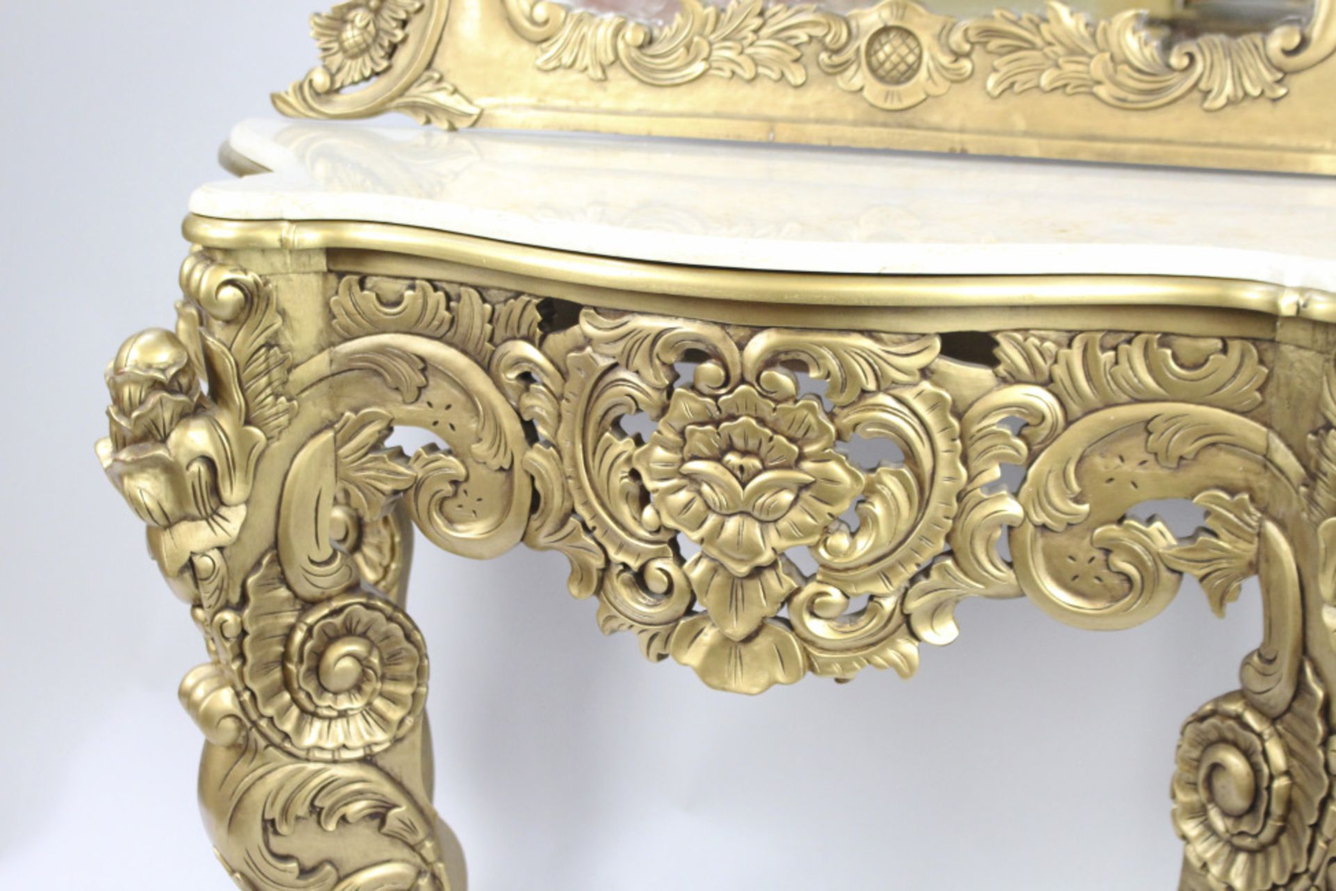 Large Carved Giltwood Marble Topped Console Table with Mirror - Image 7 of 10