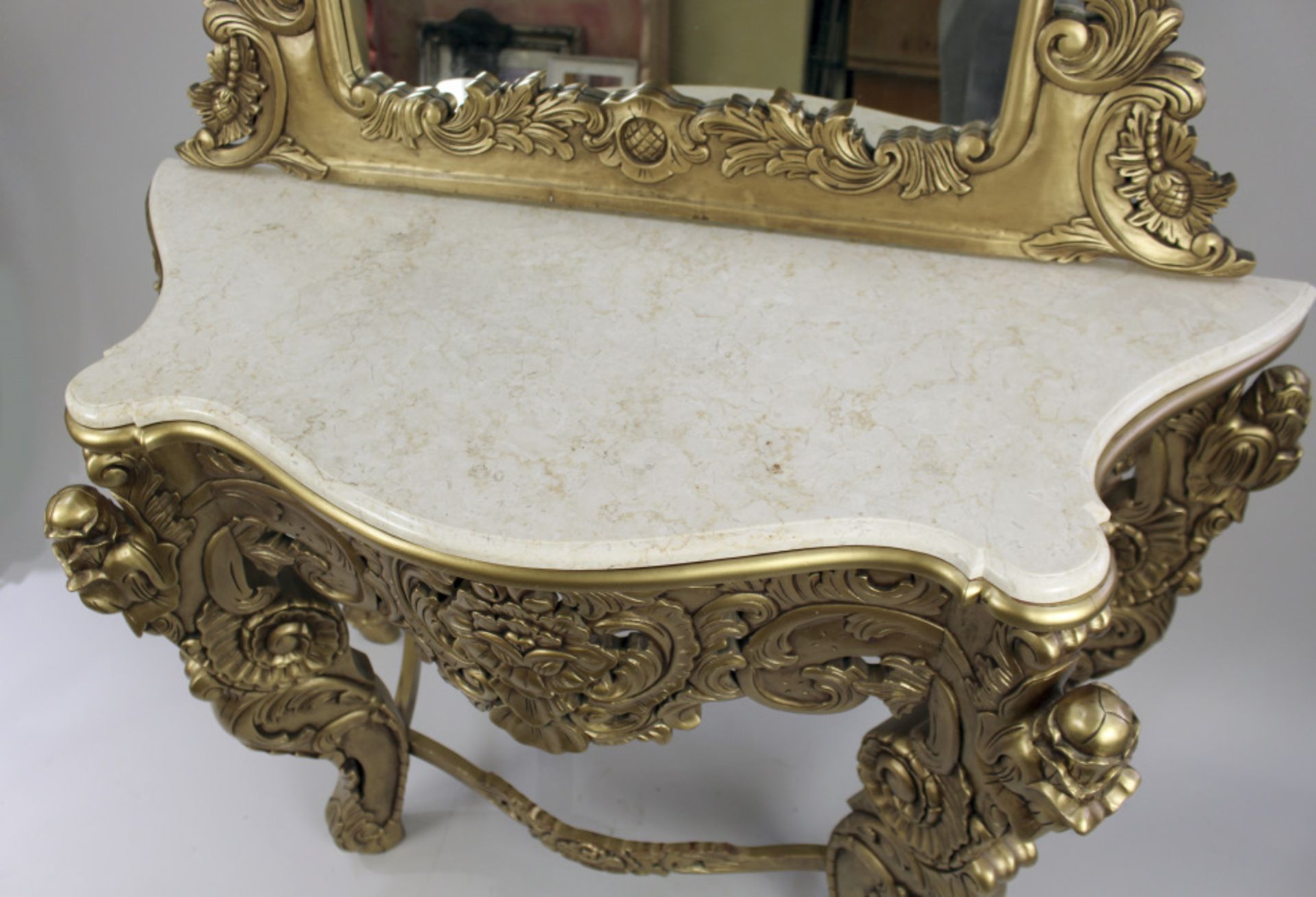 Large Carved Giltwood Marble Topped Console Table with Mirror - Image 4 of 10