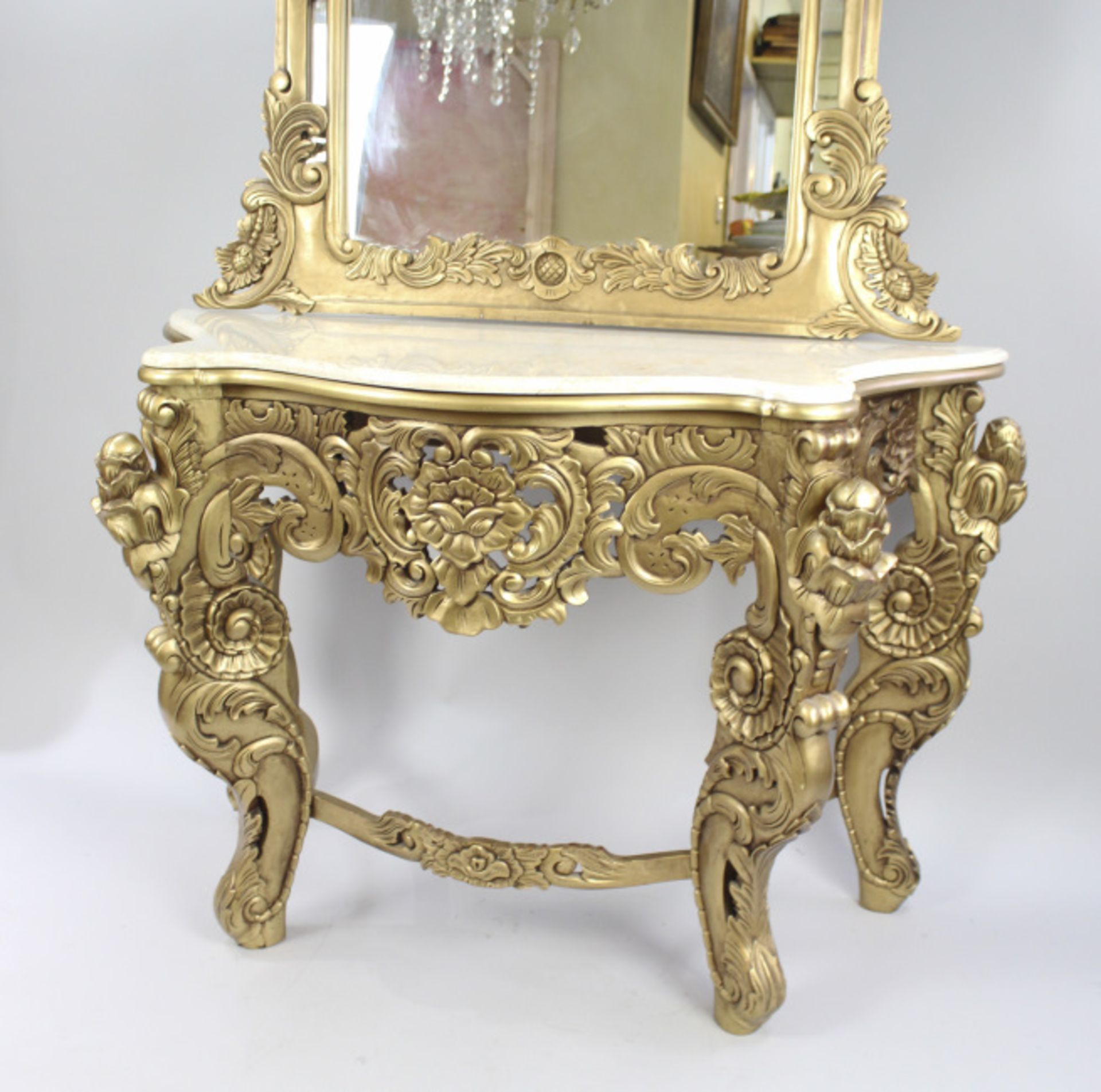 Large Carved Giltwood Marble Topped Console Table with Mirror - Image 6 of 10