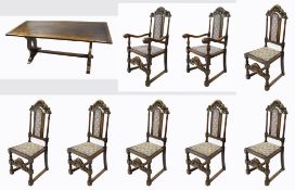 Heavy Oak Refectory Table & 8 Carved Oak Dining Chairs