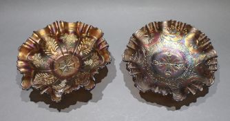 Pair of 20th c. Carnival Glass Ruffled Bowls