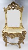 Large Carved Giltwood Marble Topped Console Table with Mirror