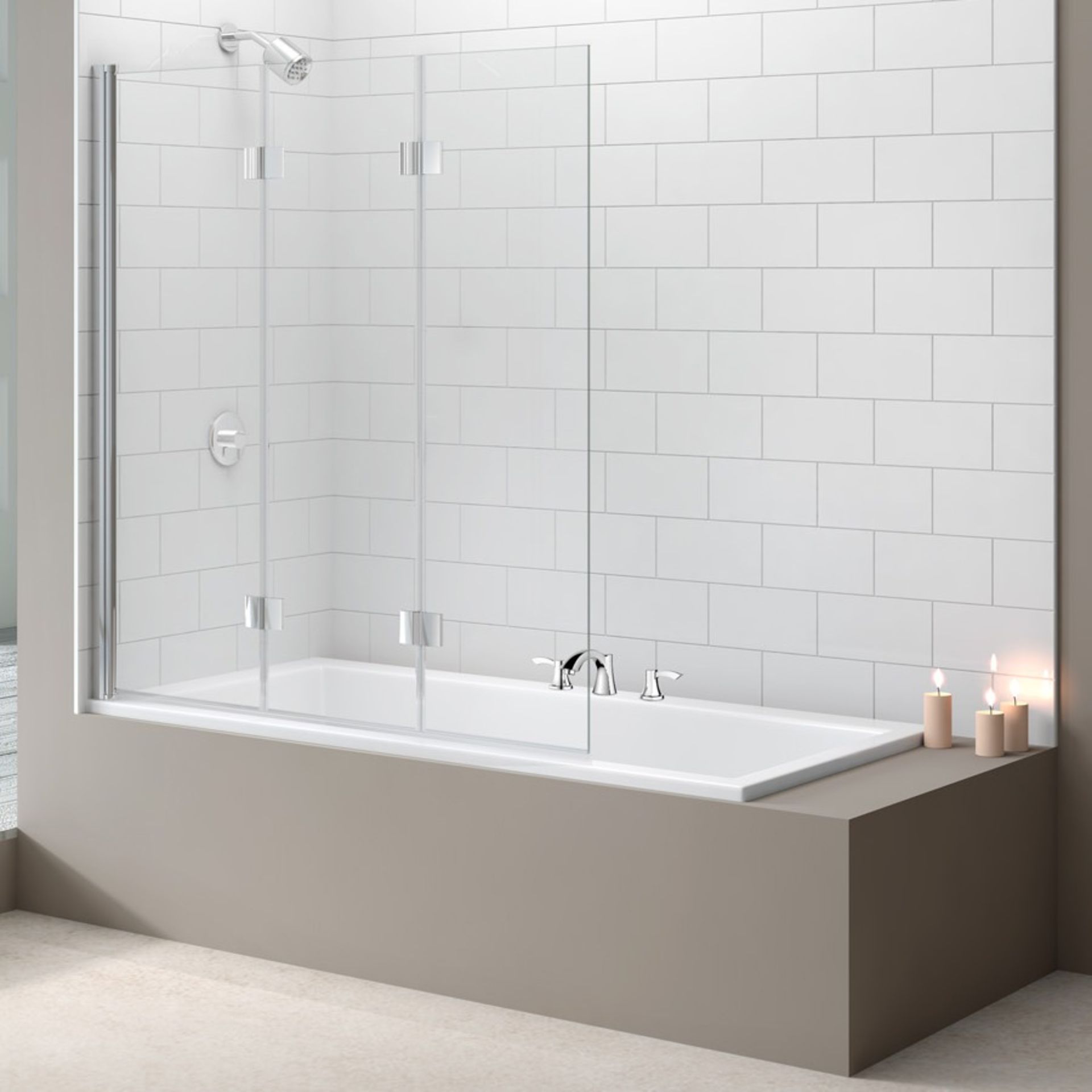 New (E164) 1500x1400mm Chrome 3 Panel Hinged Bath Screen. Clear Glass. New (E164) 1500x1400mm Chrome