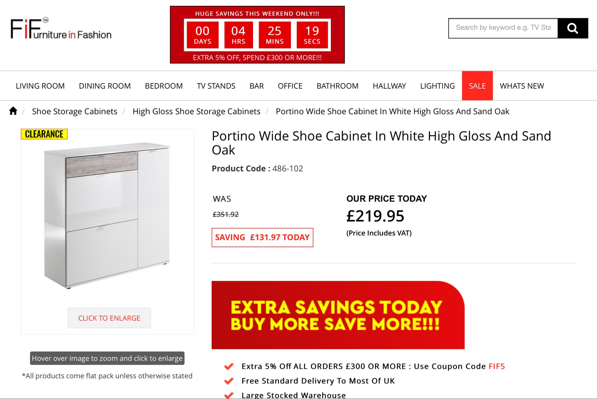 Portino Wide Shoe Cabinet In White High Gloss And Sand Oak RRP £350