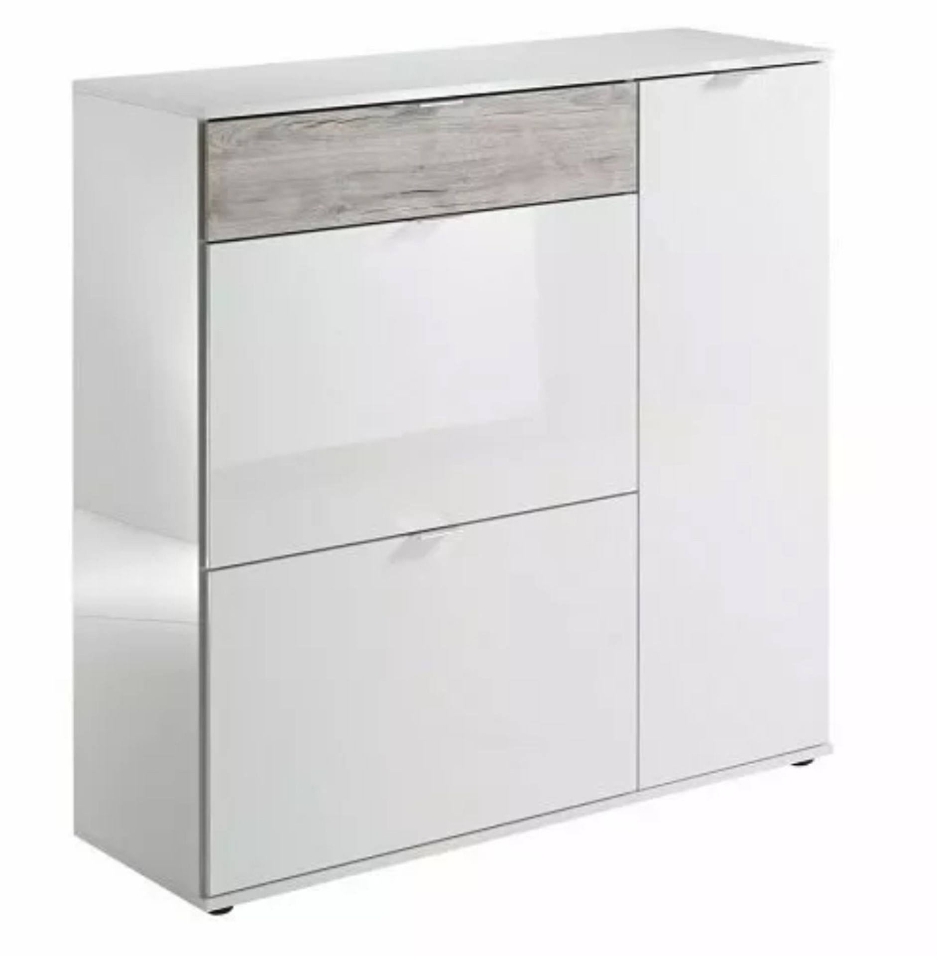 Portino Wide Shoe Cabinet In White High Gloss And Sand Oak RRP £350 - Image 2 of 2