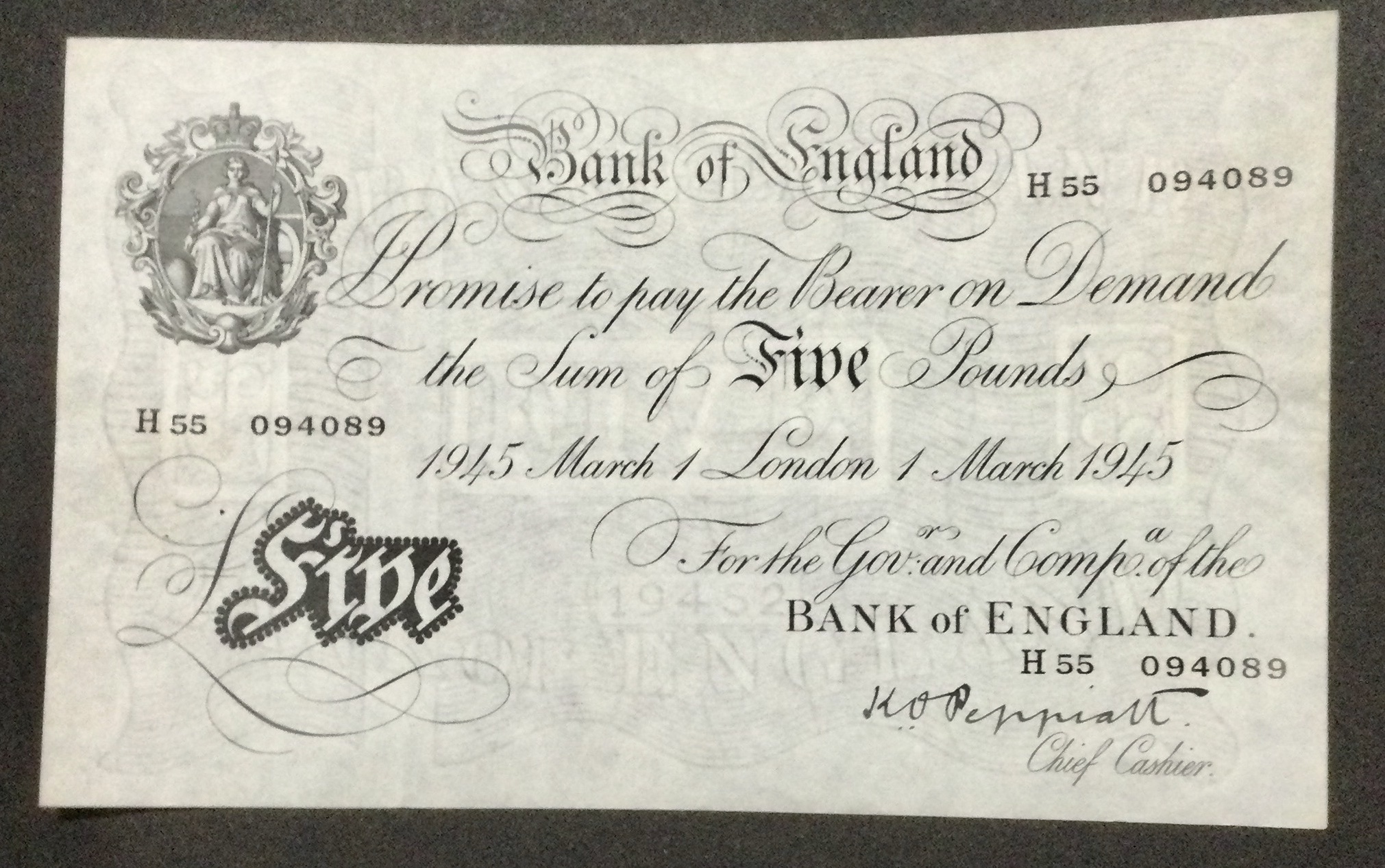 1945 White Five Pound £5 Note