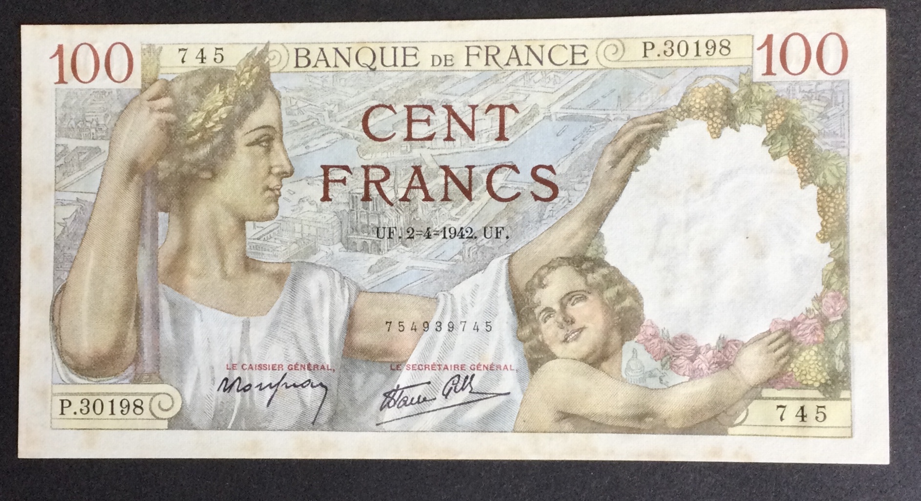 1942 World War II 100 francs French Banknote