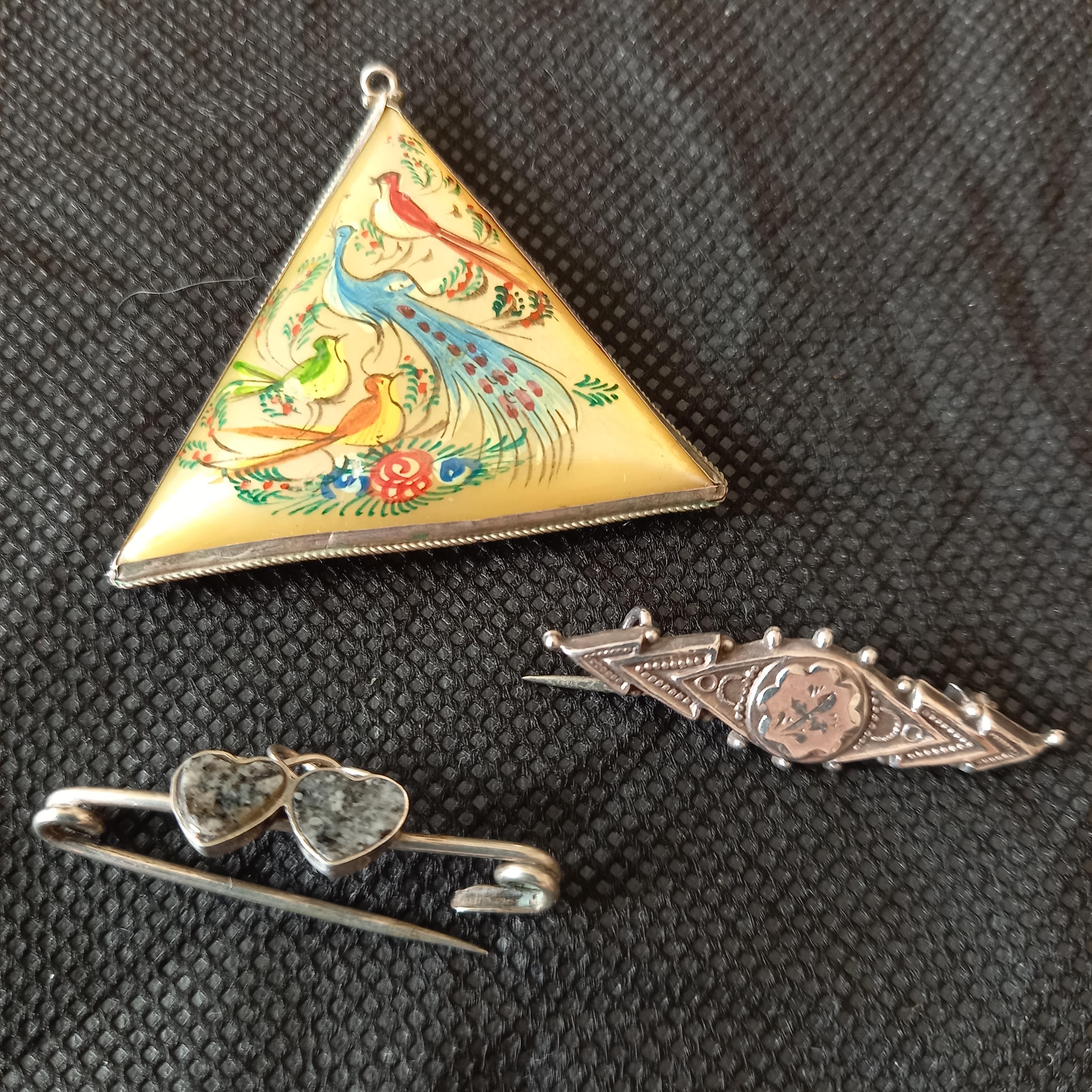 2 Silver sweetheart brooches and a Russian painted shell pendant