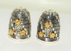 PAIR OF BEEHIVE SILVER PLATED SALT & PEPPER CONDIMENTS