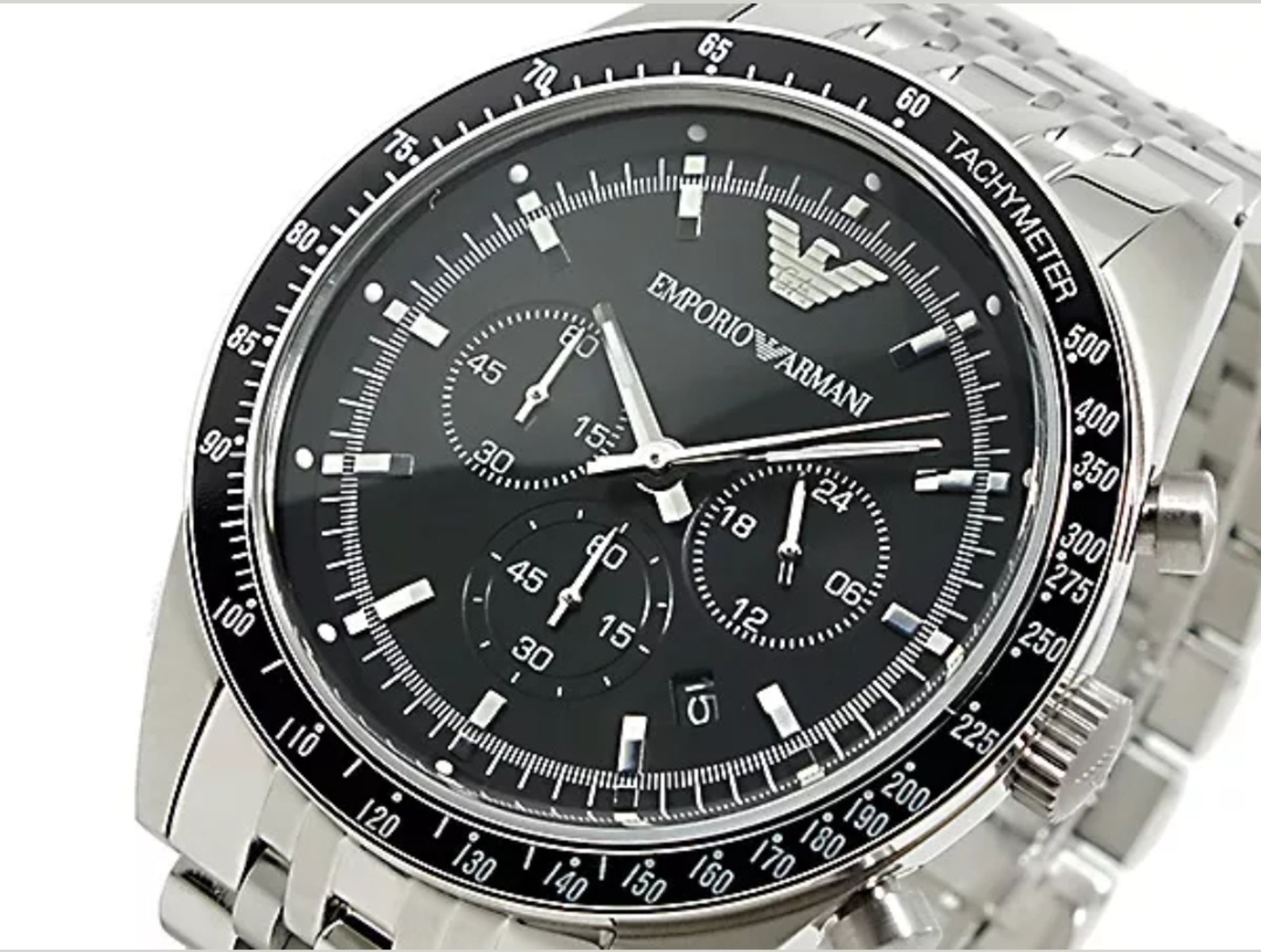 Emporio Armani AR5988 Men's Tazio Black Dial Silver Bracelet Chronograph Watch - Image 4 of 10
