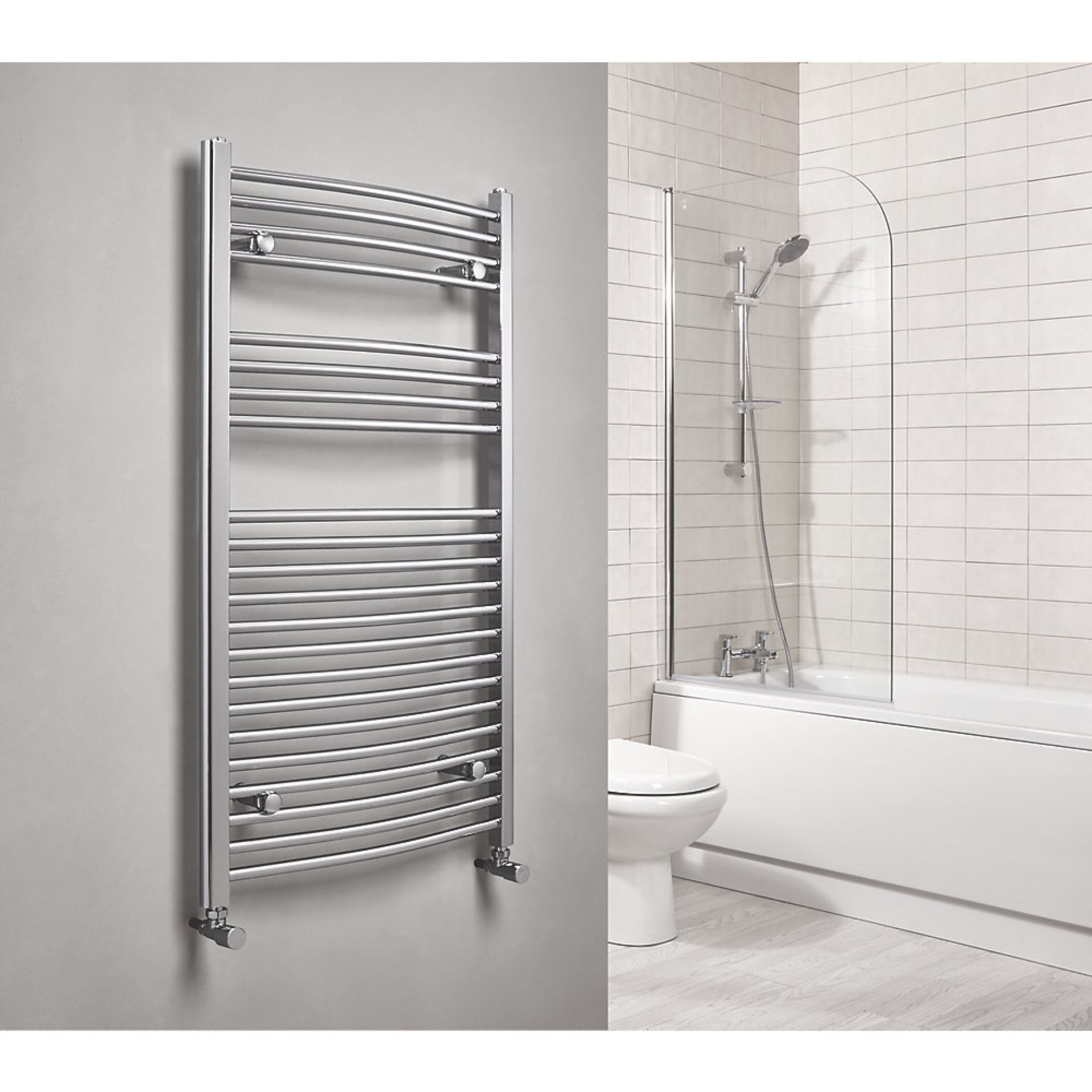 New (H34) Curved Towel Radiator 1100 x 600mm Chrome 1303BTU. High Quality Chrome-Plated Steel C...